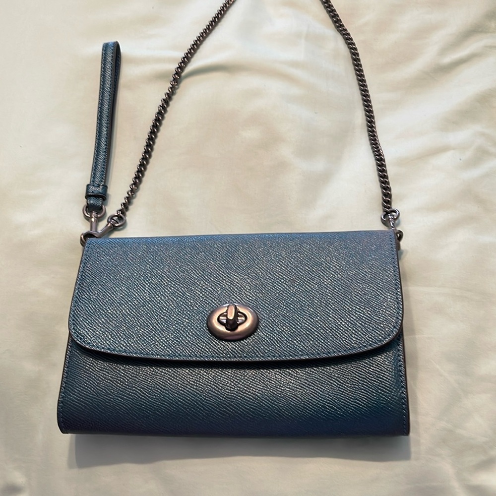 Small Coach purse.  Dark teal.  8” x 5.5”.  Wrist strap and detachable chain.